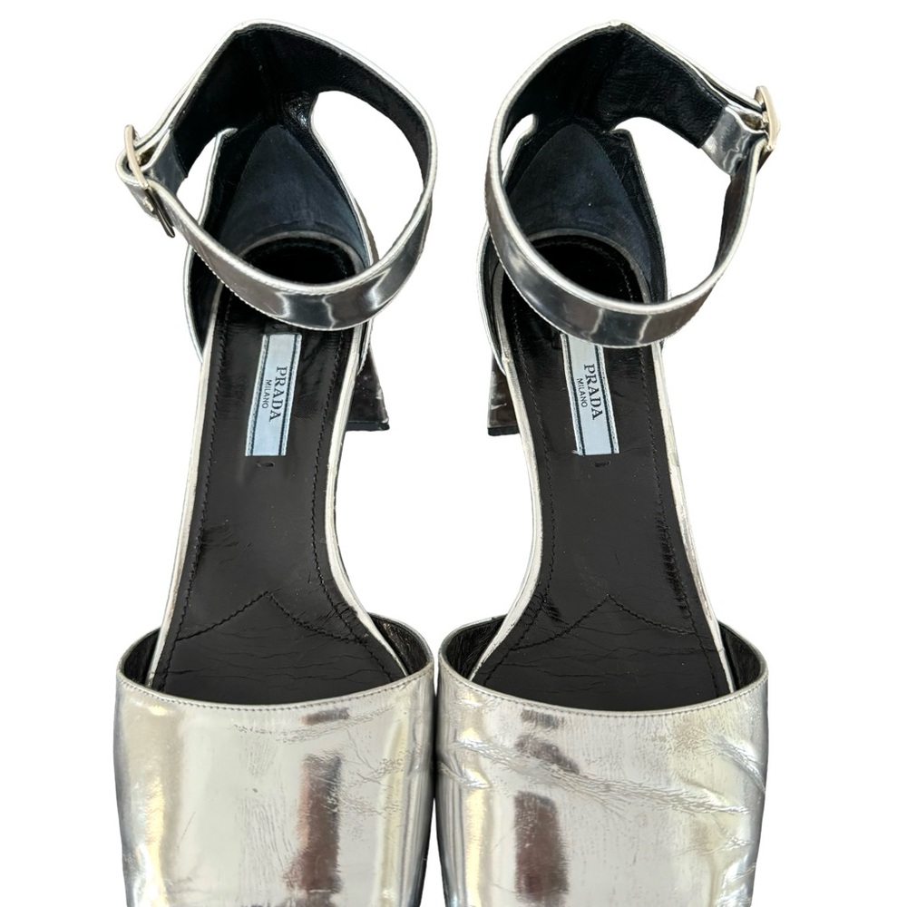 PRADA Sandal Silver Leather Block Heel - Picture 10 of 17